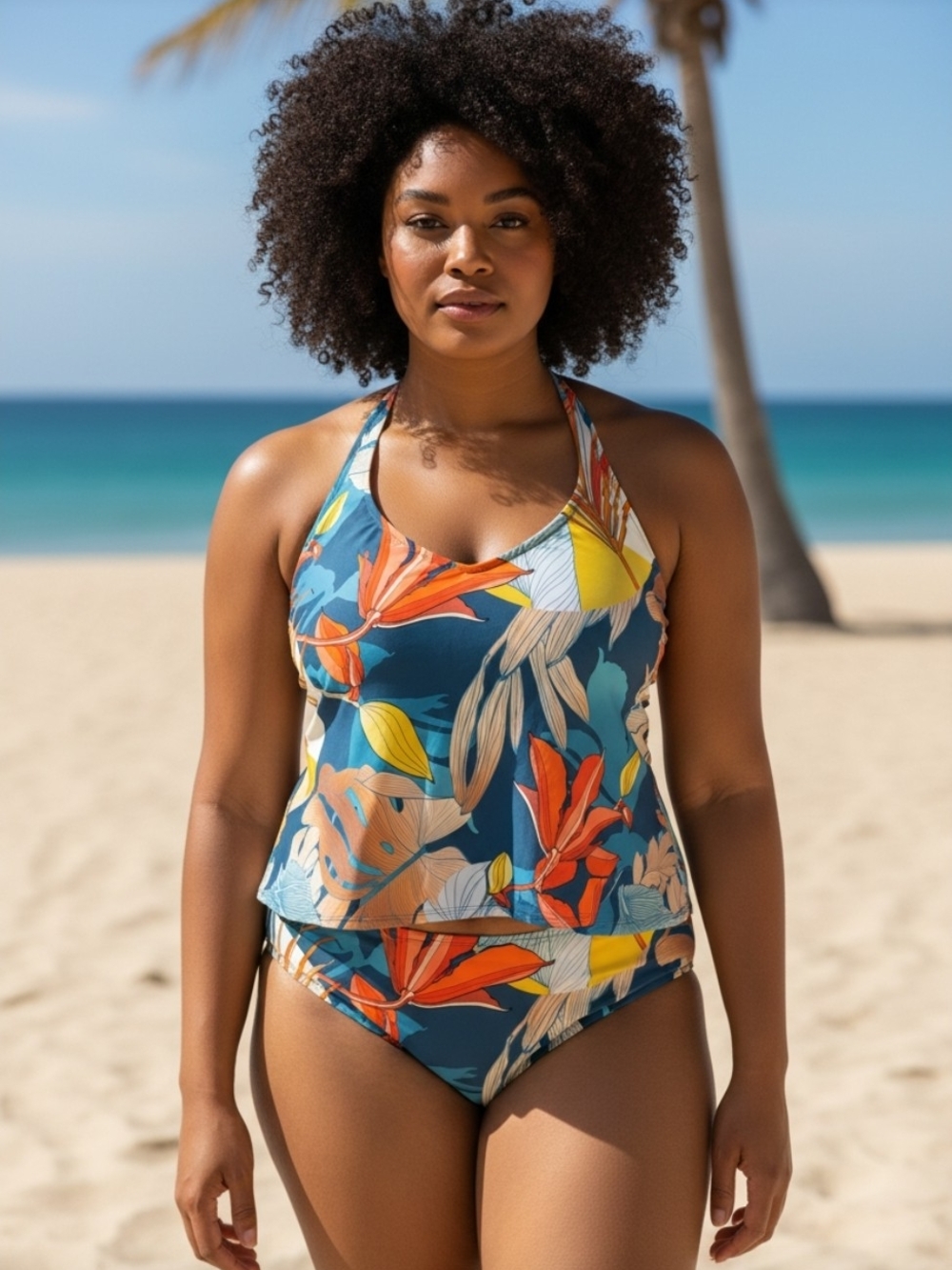 Floral Halter Tankini Bikini Set in Teal & Orange